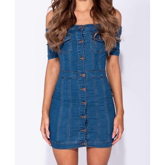 Stretch Mini Off the Shoulder Denim Dress with Button Front - Picture 6 of 9